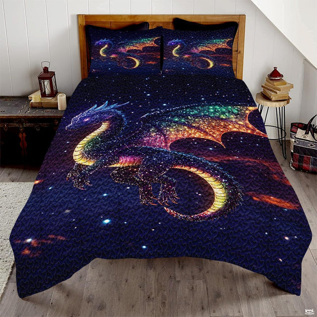 Dark blue dragon with rainbow galaxy wings on a navy star field