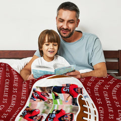 Youth sports action graphic blanket draped across bedroom bed