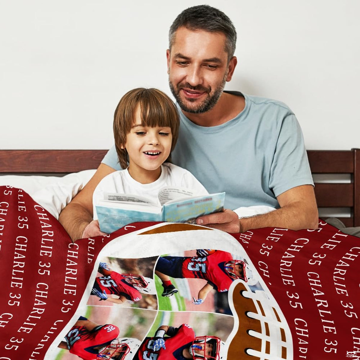 Youth sports action graphic blanket draped across bedroom bed