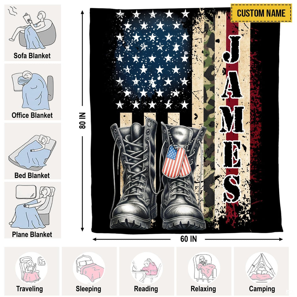Full flat overhead view showing the complete American flag, combat boots, and camouflage layout.
