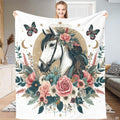 Floral horse bedding featuring an illustrated white horse portrait, golden halo, and blooming roses on white.