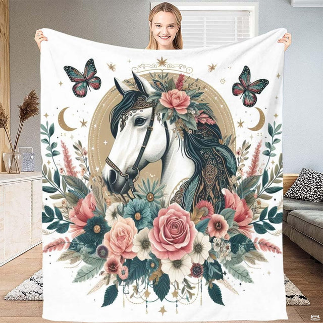Floral horse bedding featuring an illustrated white horse portrait, golden halo, and blooming roses on white.