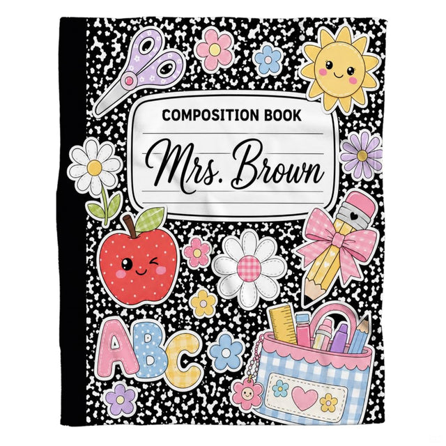 thematic accent notebook themed bedding display with cute back to school pencil graphics.