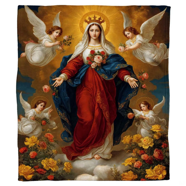 Close up of classical bed set artwork displaying winged cherubs holding yellow roses against heavenly clouds.