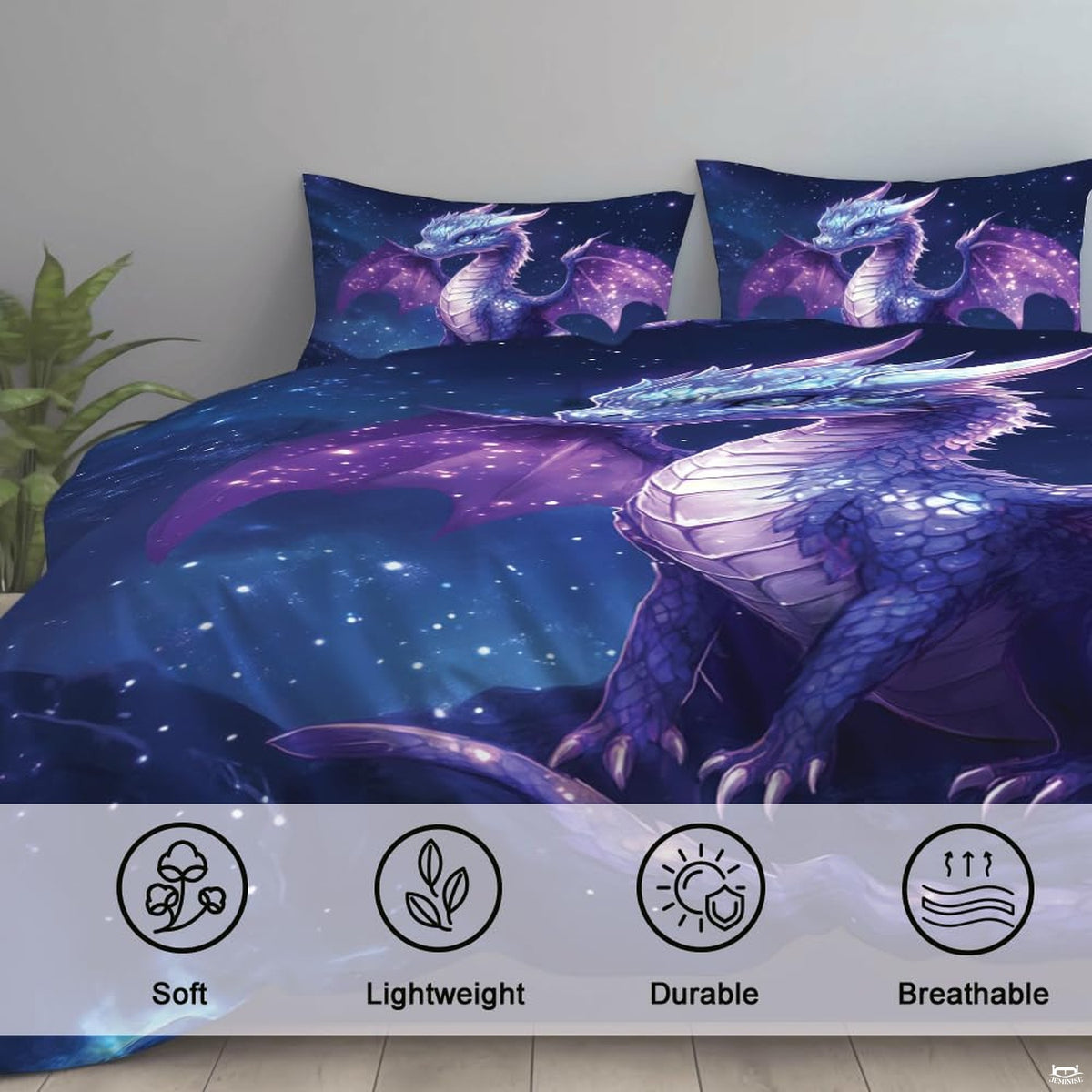 Close view of purple dragon with starry wings