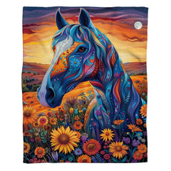 Psychedelic blue horse sunflower throw blanket draped across contemporary bedroom bed