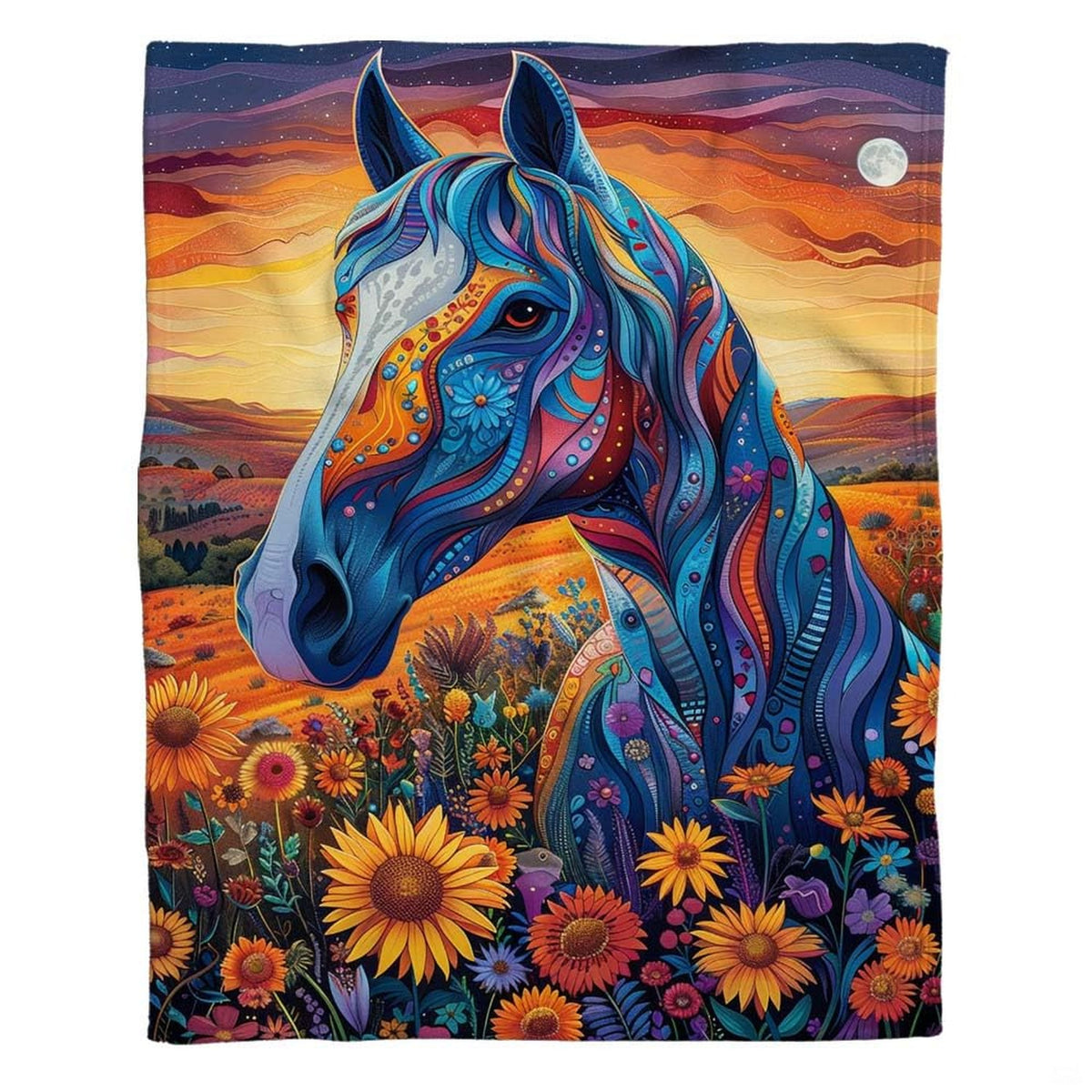 Psychedelic blue horse sunflower throw blanket draped across contemporary bedroom bed