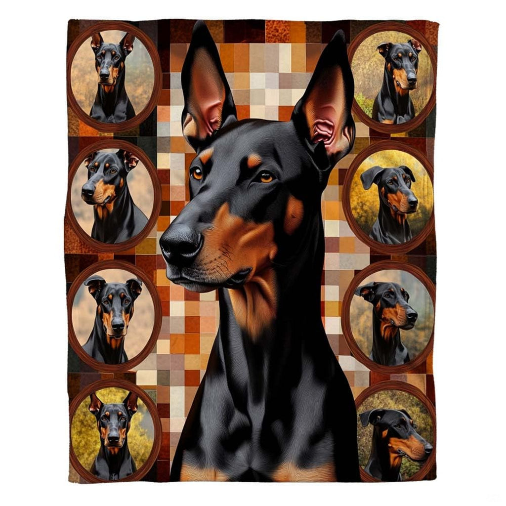 Realistic Doberman dog bed photography artwork displayed in modern bedroom