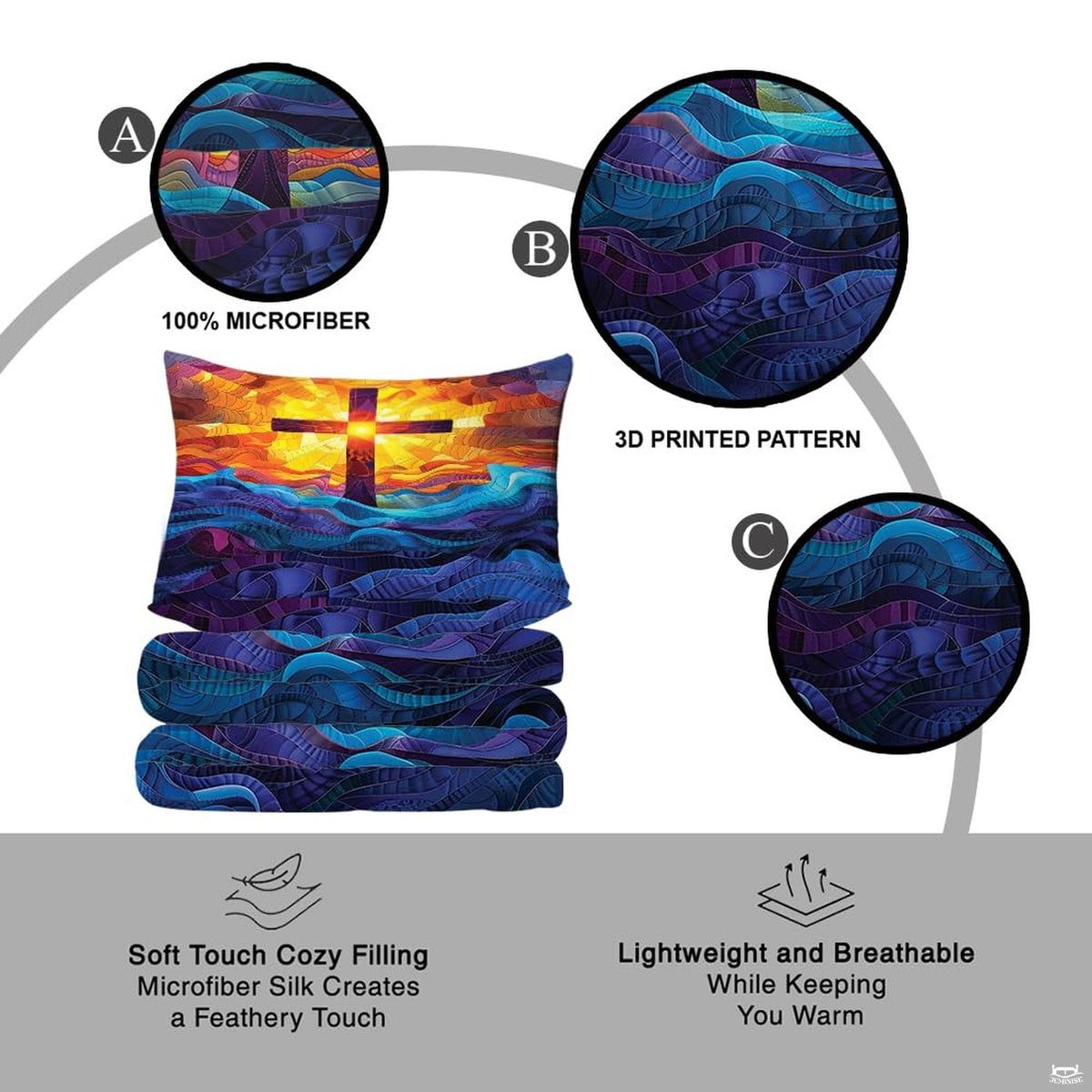 Overhead perspective of cross bedding arranged neatly across a mattress with jewel-toned room accents