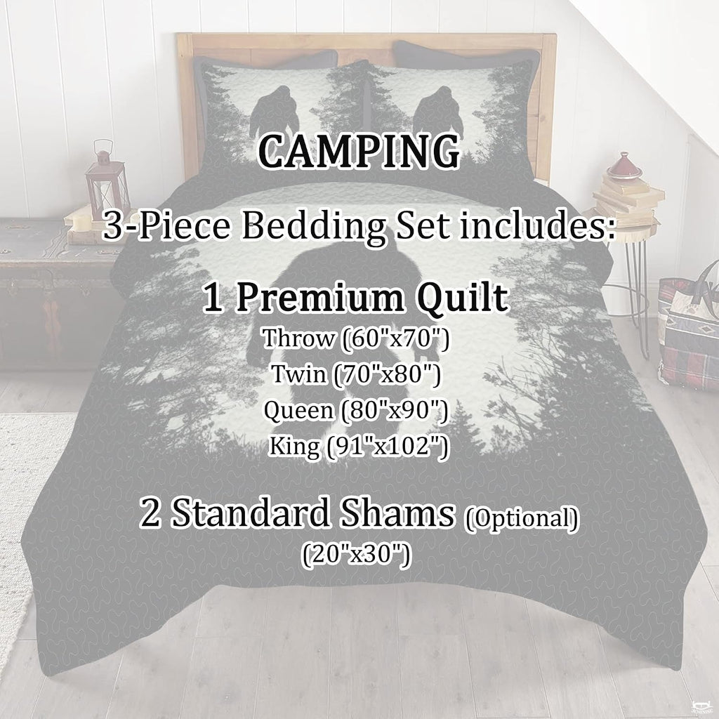 Full bedroom display of moonlit Bigfoot bedding styled with outdoor cabin room decor accents