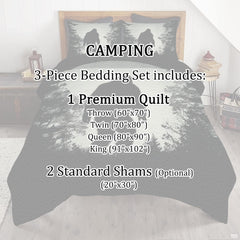 Full bedroom display of moonlit Bigfoot bedding styled with outdoor cabin room decor accents