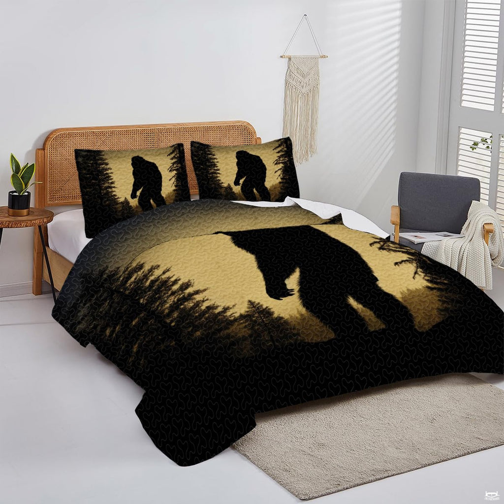 Overhead perspective of Bigfoot bedding arranged neatly across an outdoor themed bedroom mattress
