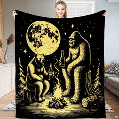Monochromatic gold bedding set displaying woodcut illustration of Bigfoot and bear by a campfire under the moon.
