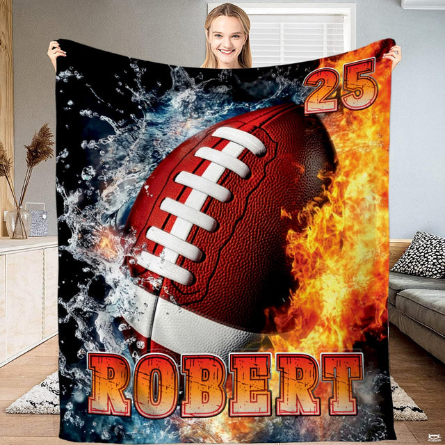 American football artwork split between blazing fire and splash droplets on dark background.
