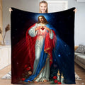 Sacred Heart Jesus bedding set design with radiant light rays and red roses over midnight blue sky.
