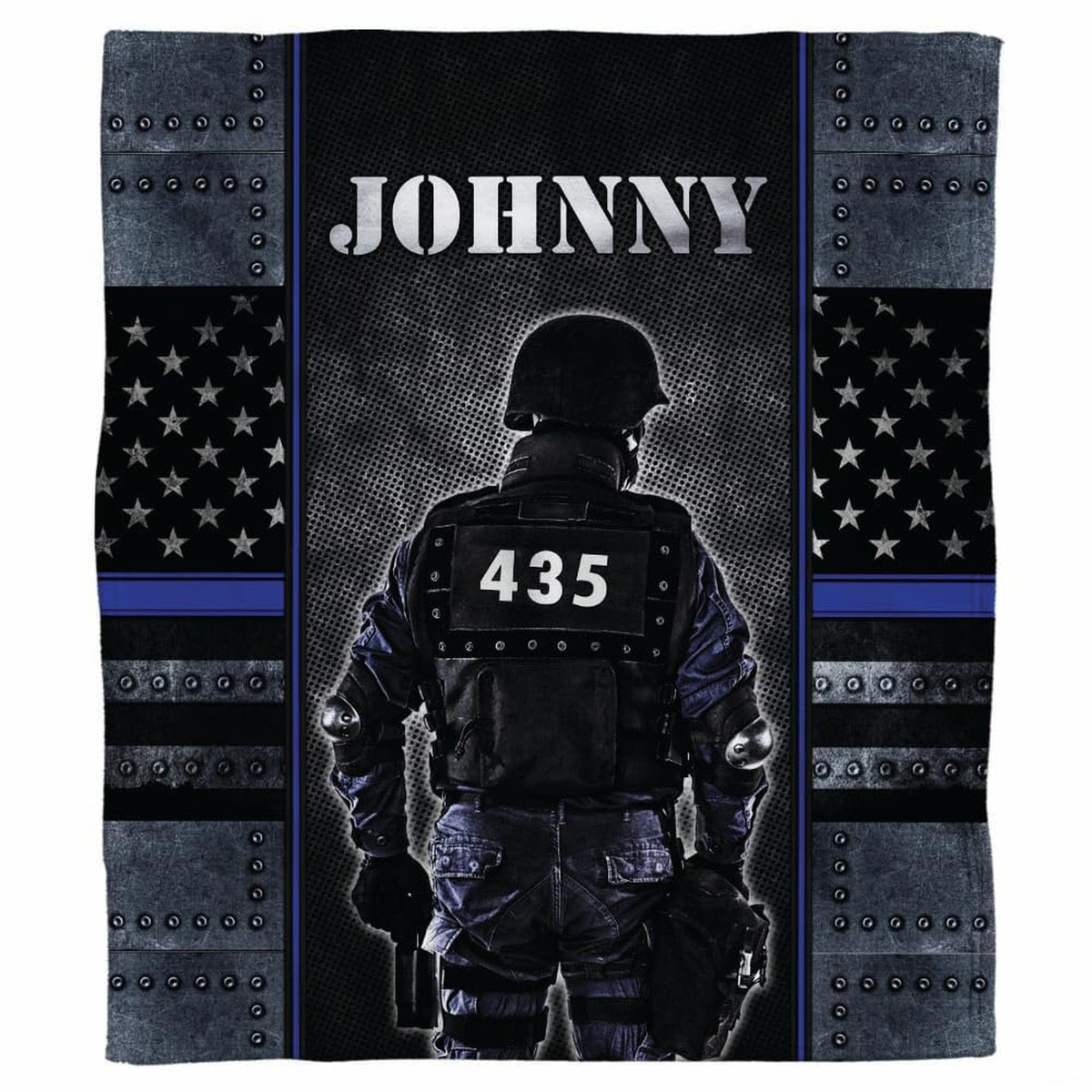 Tactical police officer armor graphic blanket draped across sofa