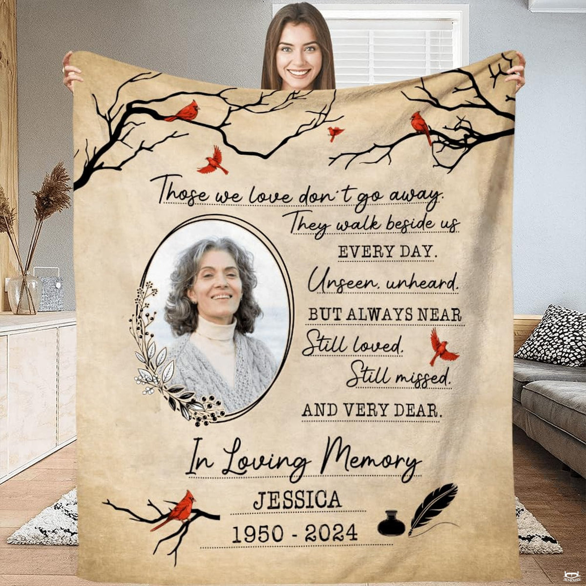 Cardinal branches sympathy throw blanket featuring red birds and vintage quill pen motifs