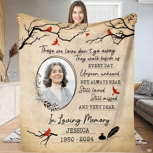 Cardinal branches sympathy throw blanket featuring red birds and vintage quill pen motifs