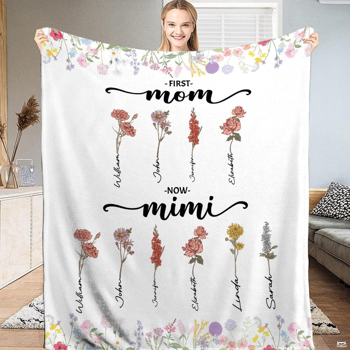Vintage botanical birth flower bedding featuring delicate blush petals and script lettering.