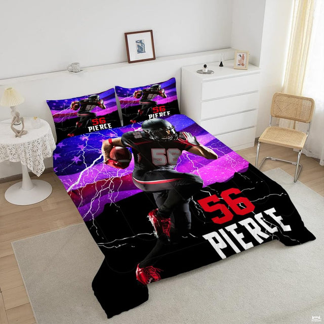 Close-up perspective of soccer bedding detailing orchid energy flares, player silhouette, and typography