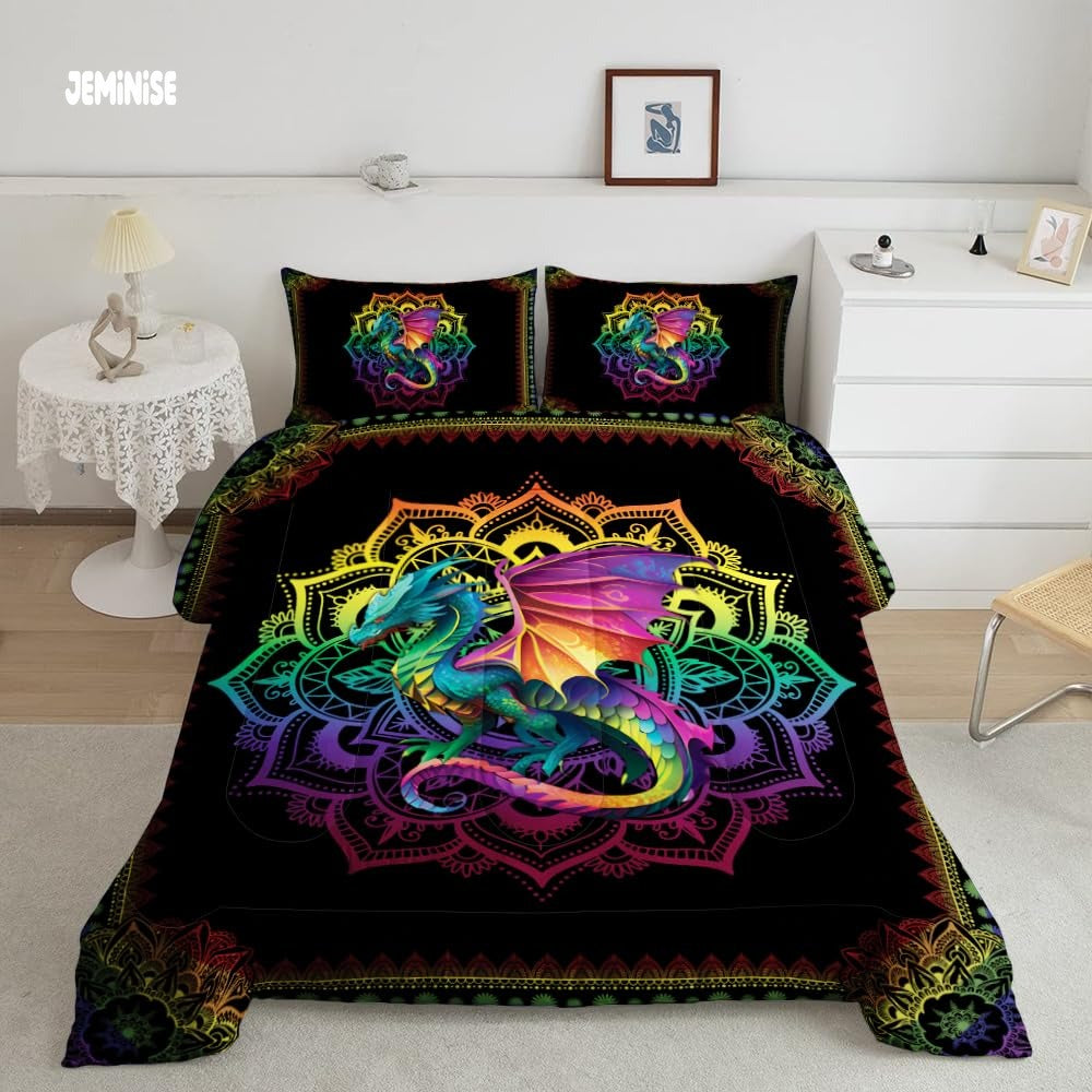 Jeminise Colorful Dragon Comforter Set, Fantasy Gradient Bedding