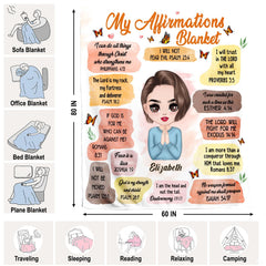 Scale guide illustrating multiple blanket dimension choices alongside adult silhouette