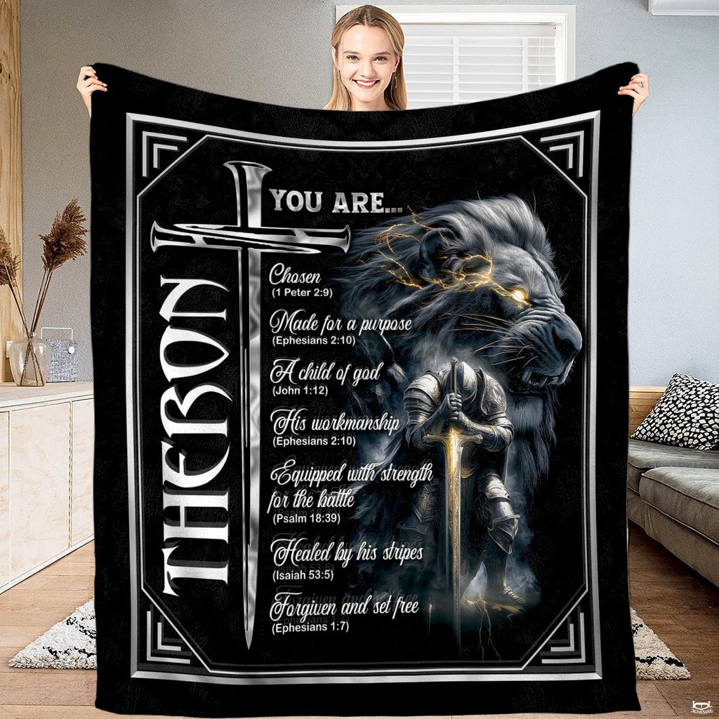 Woman holding up spiritual armor lion and kneeling knight blanket