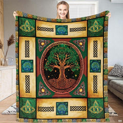 Celtic Tree of Life bedding set displaying central emblem, starry night backdrop, and emerald green knotwork borders.