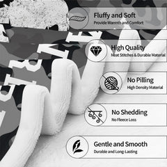 Close-up detail view of white textile surface texture alongside graphic feature icon badges.
