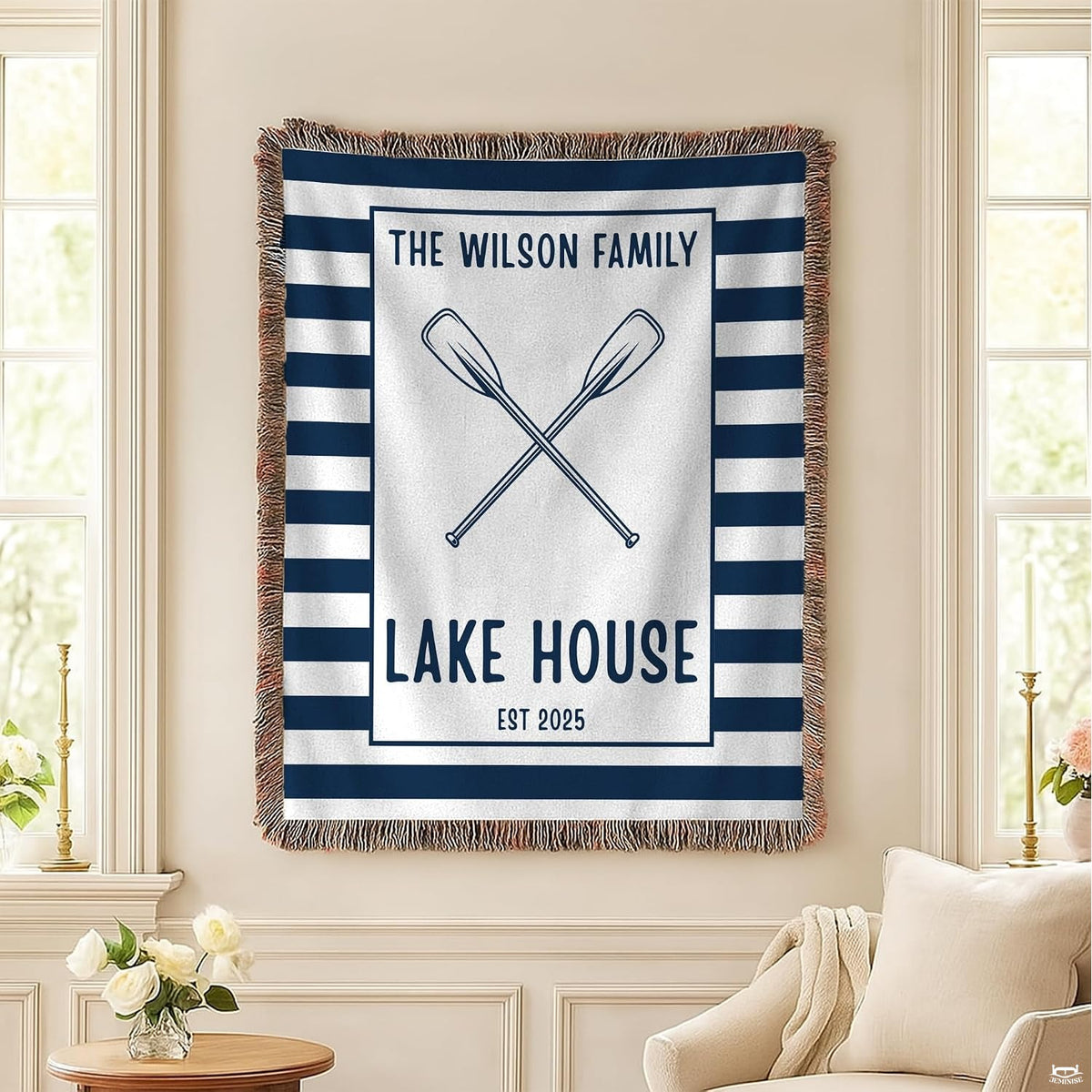 Lodge bedding sets with centered crossed oars and crisp striped borders.
