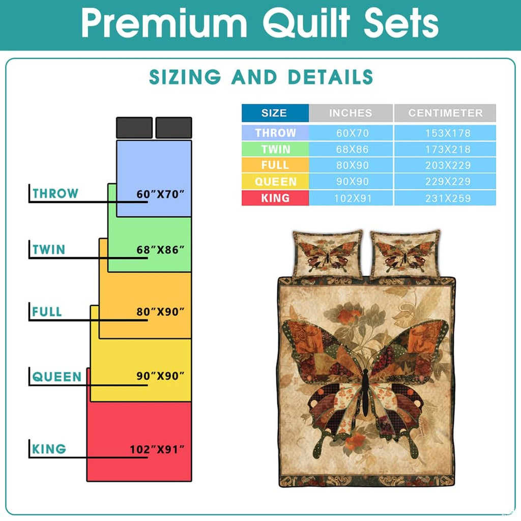 High-angle view of autumn butterfly bedding set presenting balanced geometric patchwork tiles and nature motifs across bed.