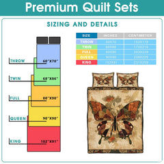 High-angle view of autumn butterfly bedding set presenting balanced geometric patchwork tiles and nature motifs across bed.
