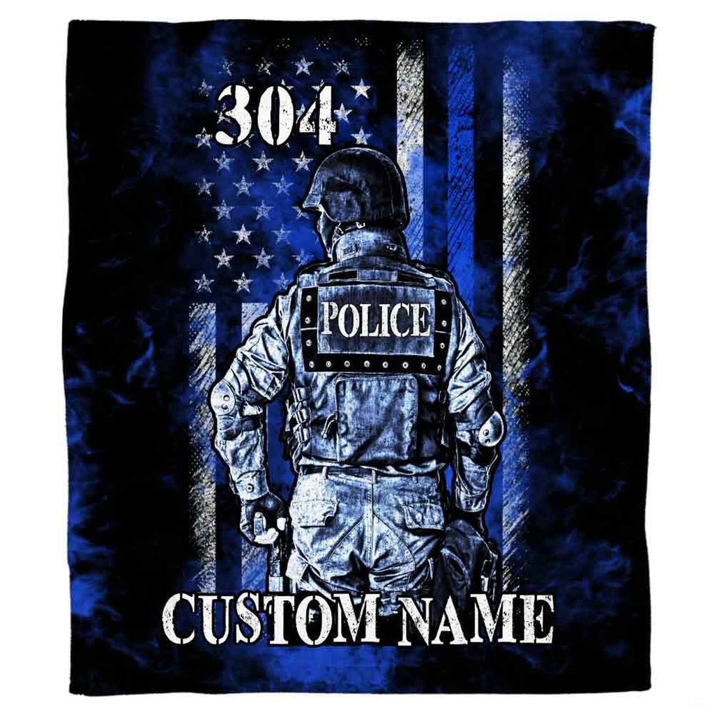 thematic accent officer in tactical gear against distressed blue line flag print for bedding decor.