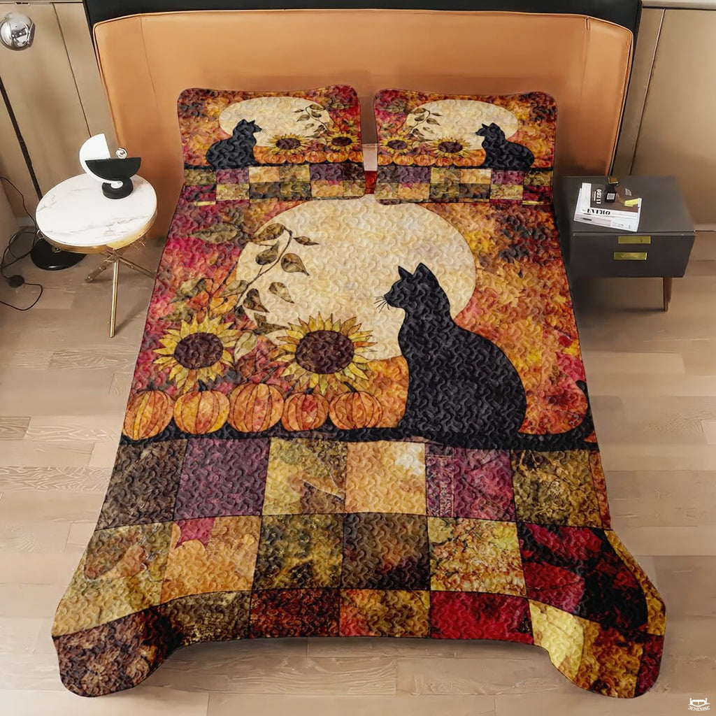 Detail view of rustic pumpkin bedding set highlighting crisp botanical linework and dark espresso graphic contours.
