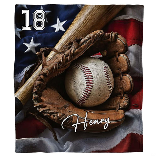 Baseball glove bat throw blanket featuring baseball, wooden bat, and fielding mitt on American flag