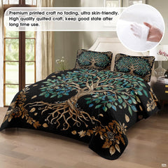 Close-up perspective of botanical bedding detailing mosaic teal leaves, twisted golden trunk, and ornate border accents