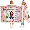 Christian scripture and snowdrop floral girl hooded blanket with pastel wildflower border on pink