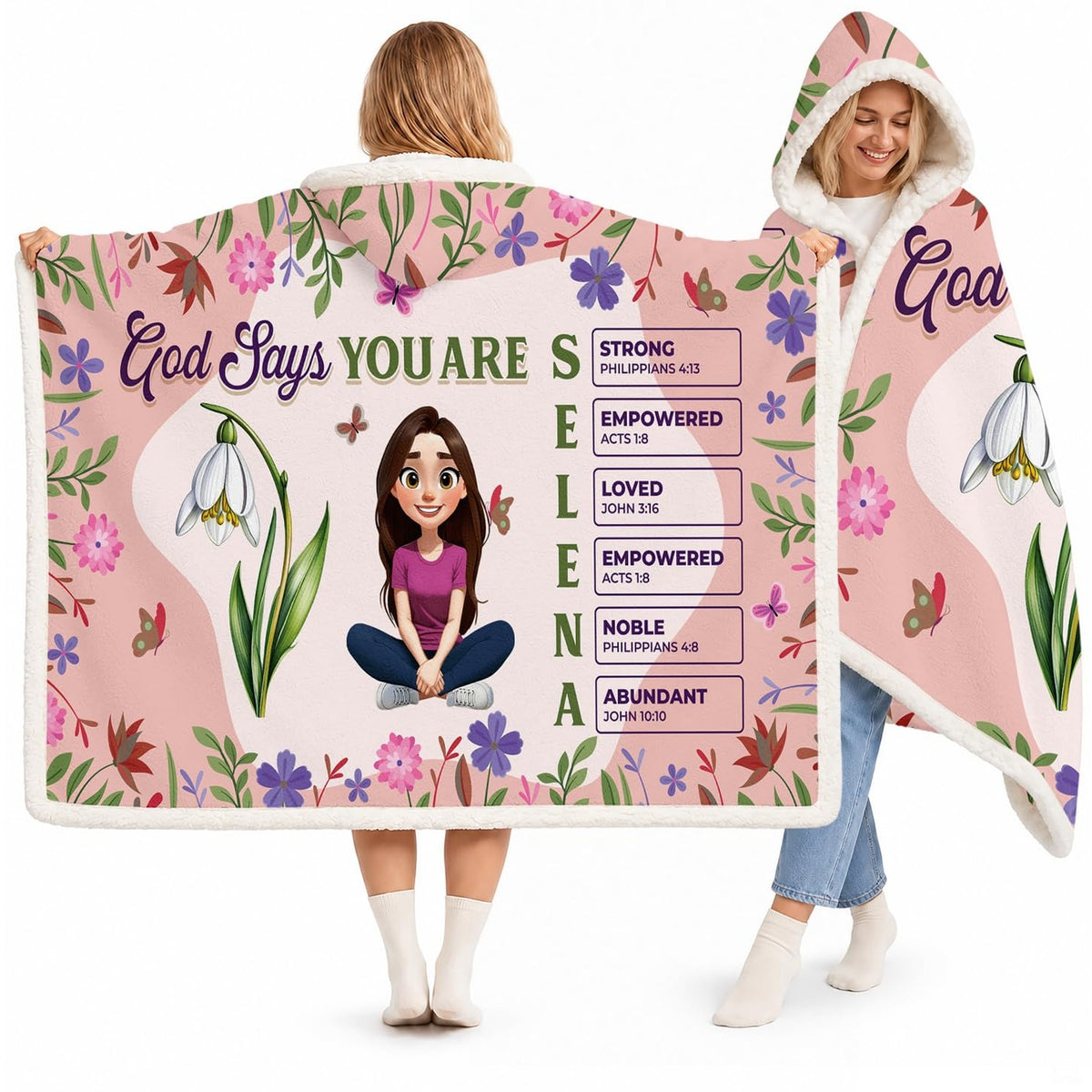 Christian scripture and snowdrop floral girl hooded blanket with pastel wildflower border on pink