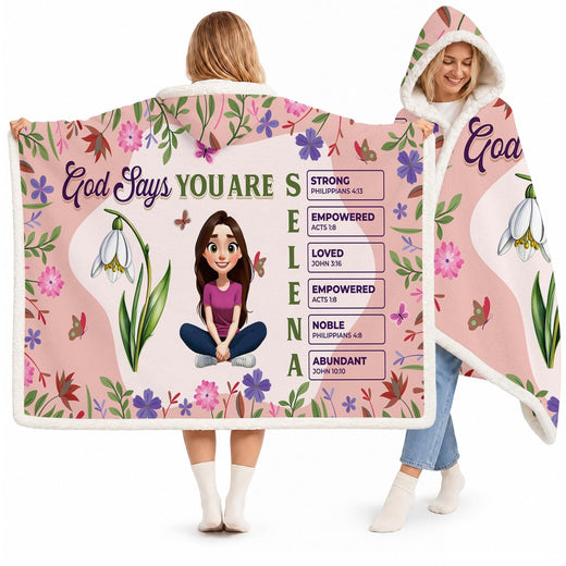 Christian scripture and snowdrop floral girl hooded blanket with pastel wildflower border on pink