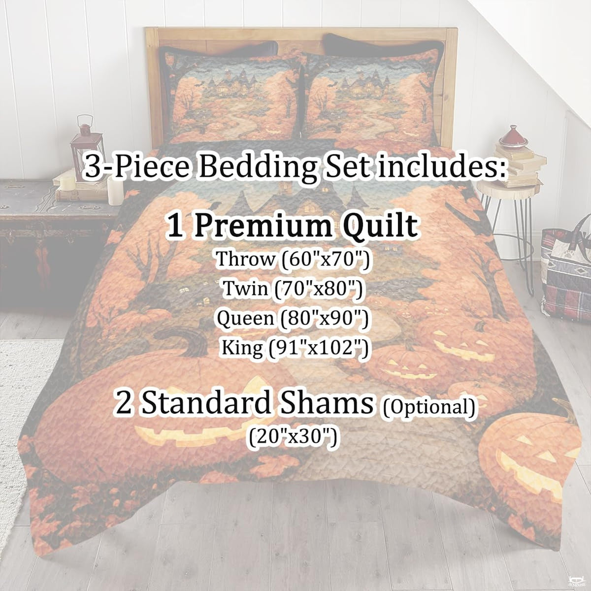 Corner fold view of Halloween bedding highlighting vivid orange pumpkin printing and twilight sky contrast