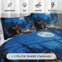 thematic accent view of Bigfoot campfire bedding illustrating moonlit forest campsite scenery