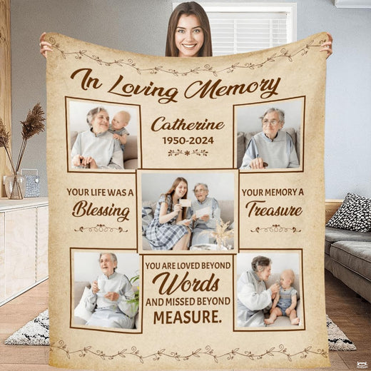 Front view of in loving memory photo throw blanket held upright showcasing photo collage layout.
