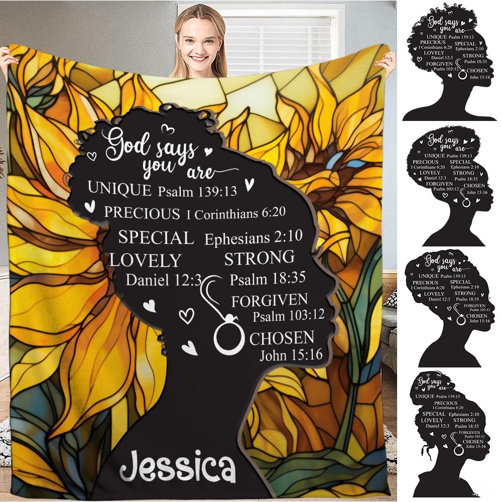 Personalized Sunflower Christian Blanket with Bible Verses – Custom Name Faith Gift for Her