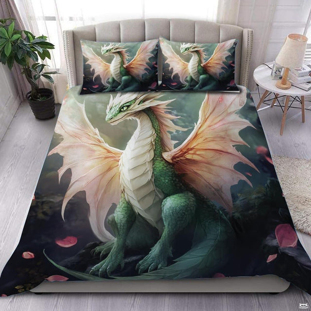 Green dragon bedding in a bright bedroom