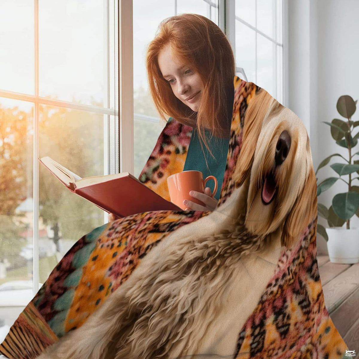 Close view of seated apricot doodle dog and concentric mandala pattern on blanket