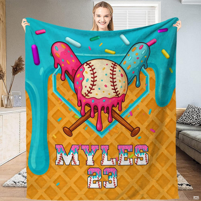 Baseball ice cream cone sprinkles blanket held upright by model
