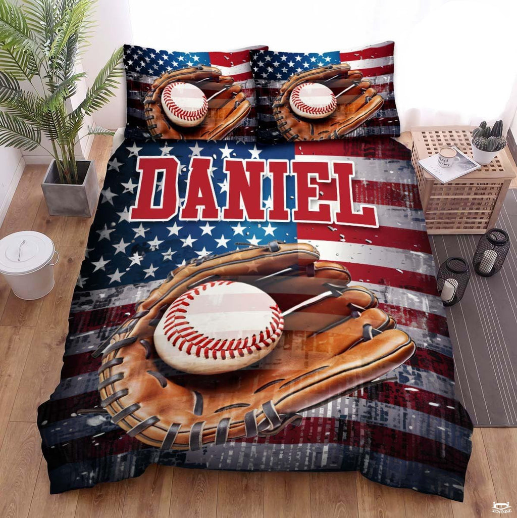 Personalized Baseball Bedding Full Size Flag Custom Name Duvet Cover Set Sport Decor Sports Comforter Bed Set (Baseball and Flag Series 3)
