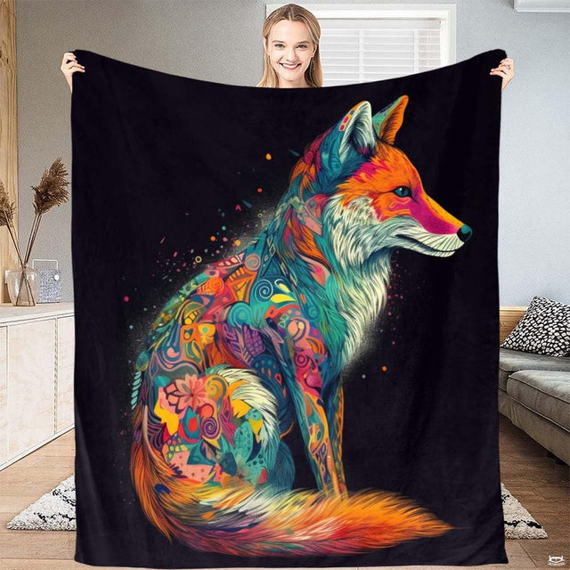 Psychedelic paisley fox throw blanket displaying colorful floral patterned fox on black