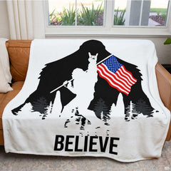 Bigfoot silhouette with rock hand sign, American flag, pine trees, and bold typography, view 3.