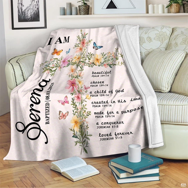 Full layout of watercolor cross with pastel wildflowers and butterflies held open in a bright home interior